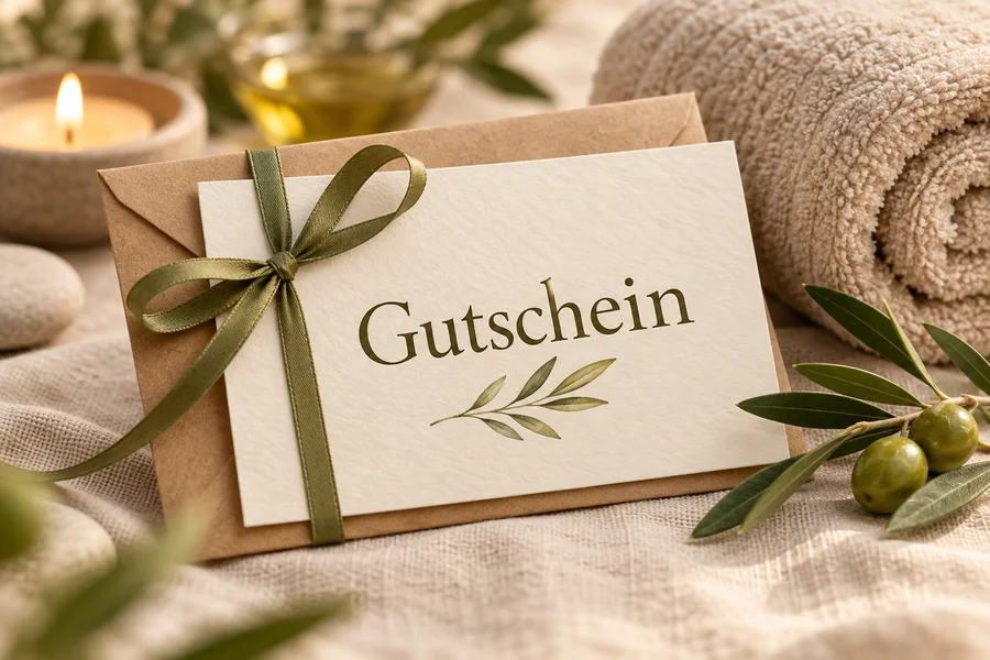 Cremefarbener Massagegutschein mit olivgrüner Schleife auf Leinen