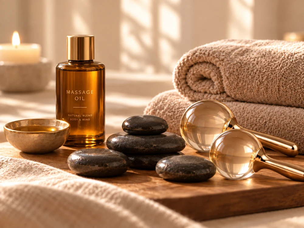 Massageöl, Hot Stones und Massage-Globes neben weichen Handtüchern